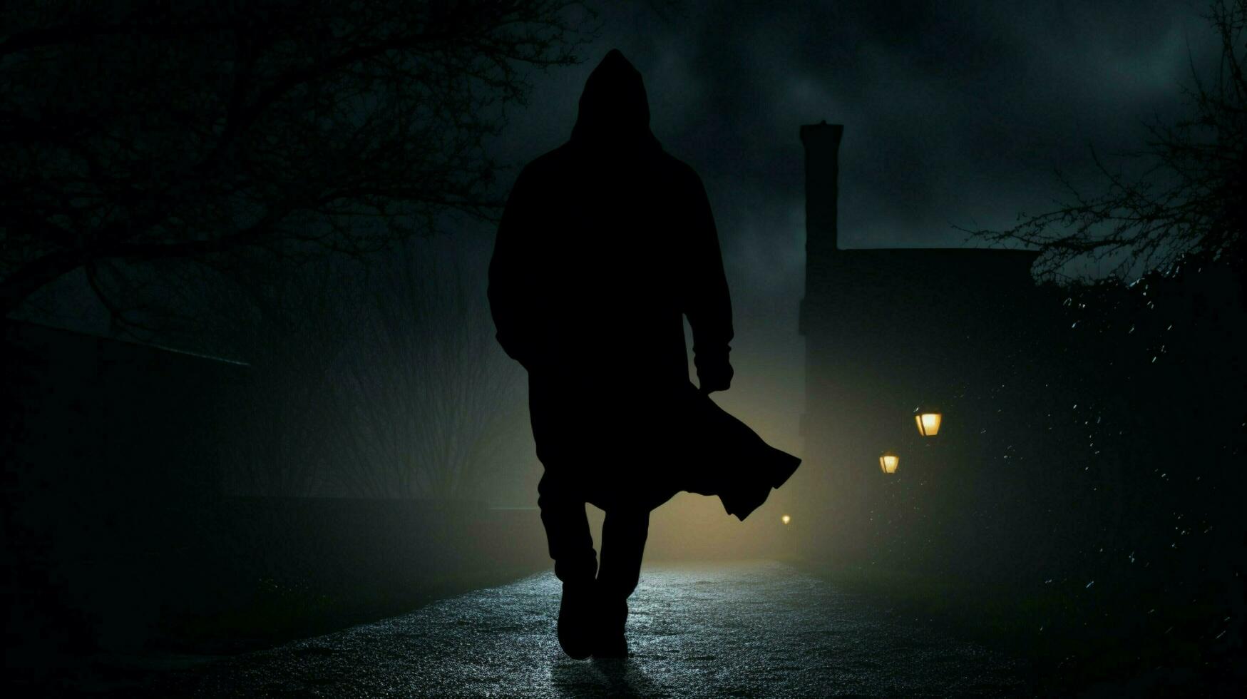 silhouette of hooded thief walking in black photo