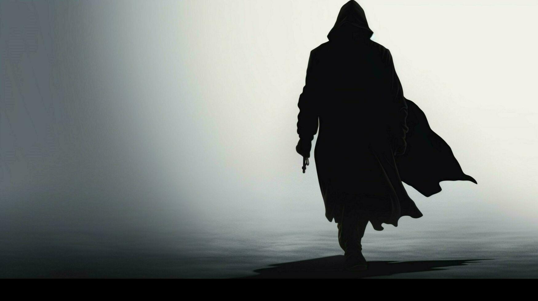 silhouette of hooded thief walking in black photo