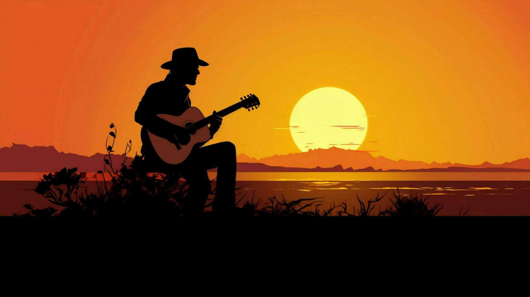 silhouette of musician playing guitar at sunset photo