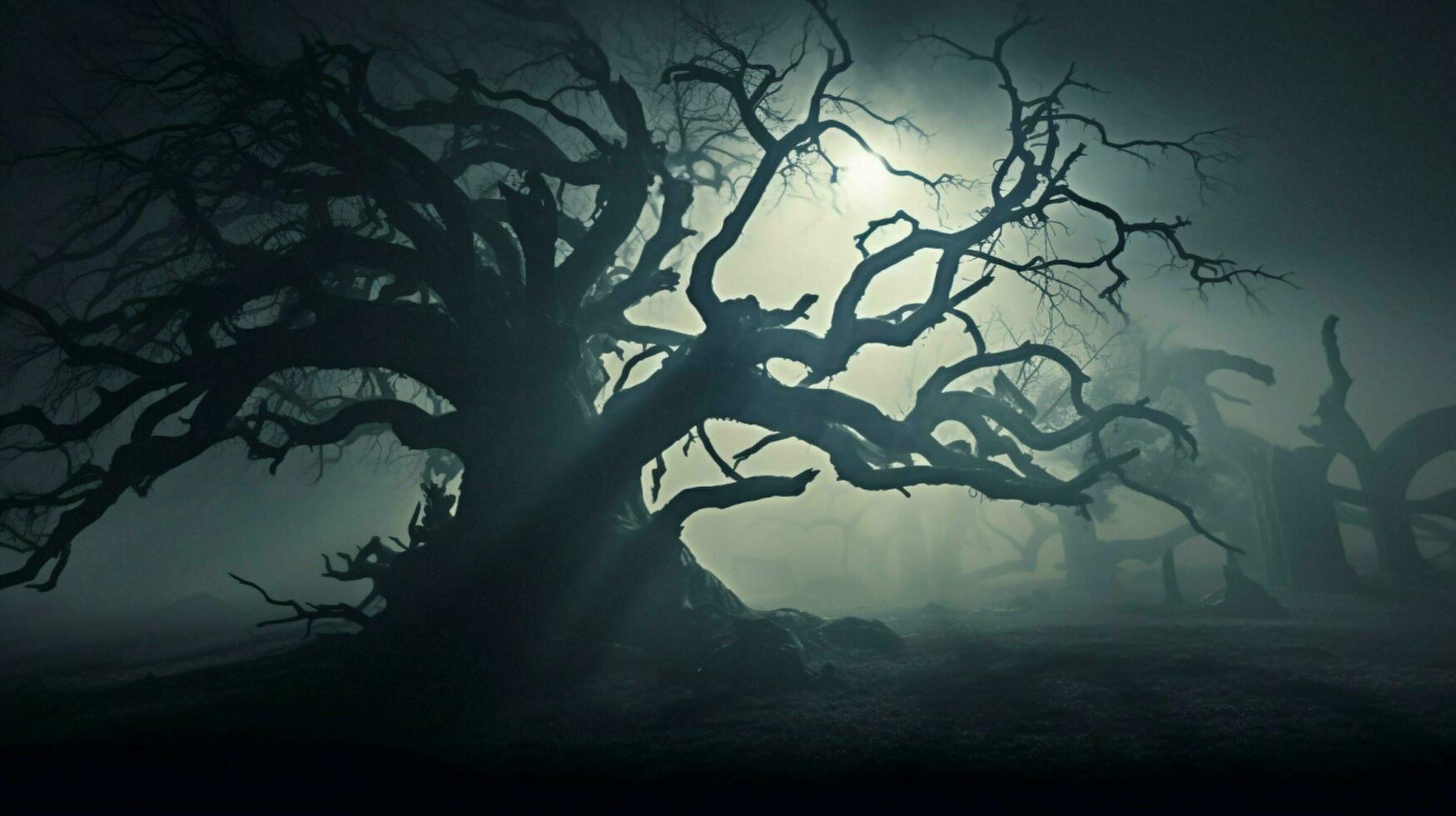 silhouette of spooky tree on misty night photo