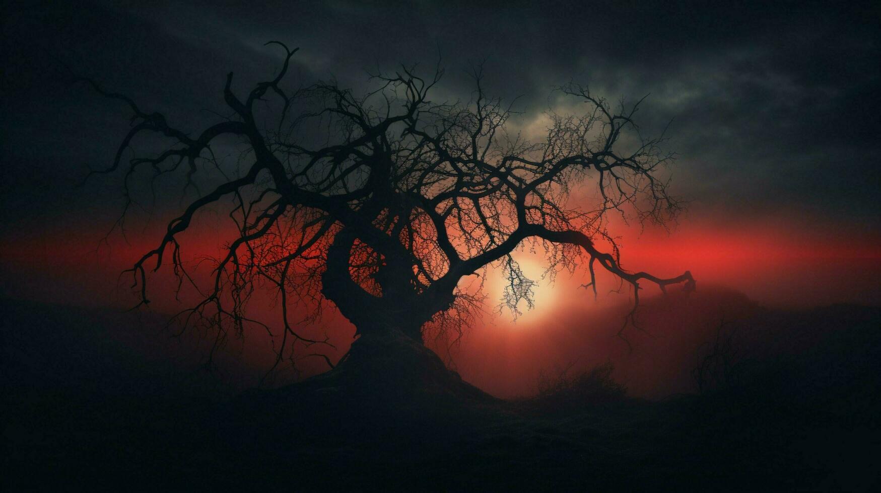 silhouette of spooky tree on misty night photo