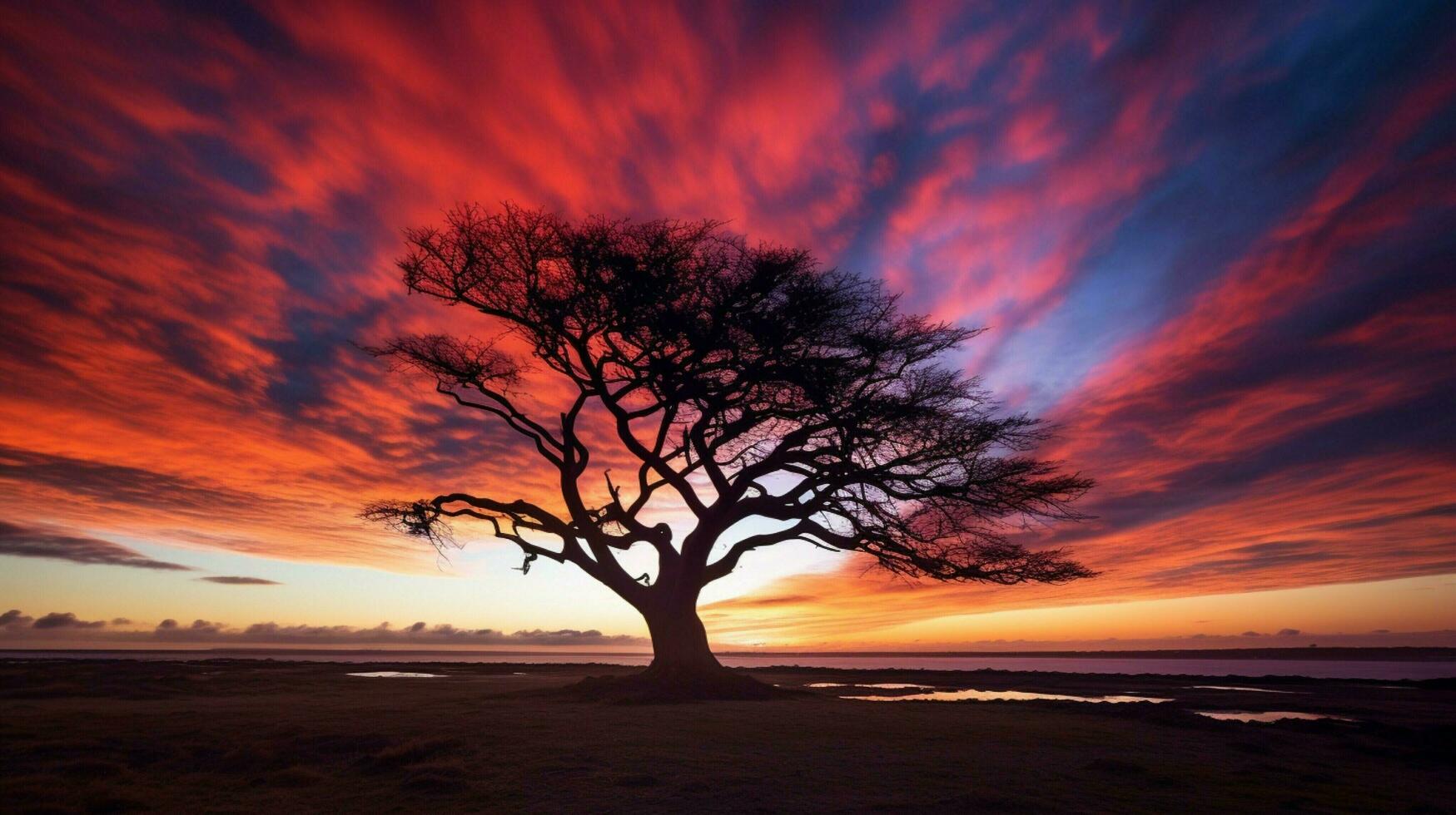 silhouette of tree against dramatic sky at sunset photo
