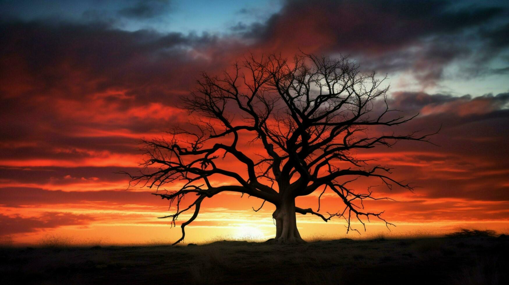 silhouette of tree against dramatic sky at sunset photo