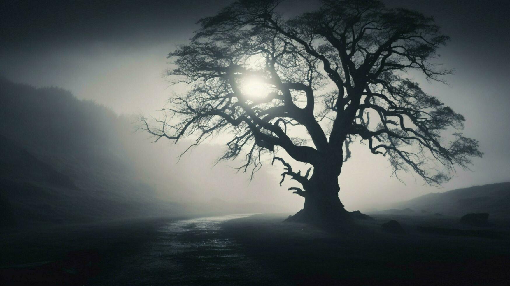 silhouette of tree in spooky foggy landscape photo