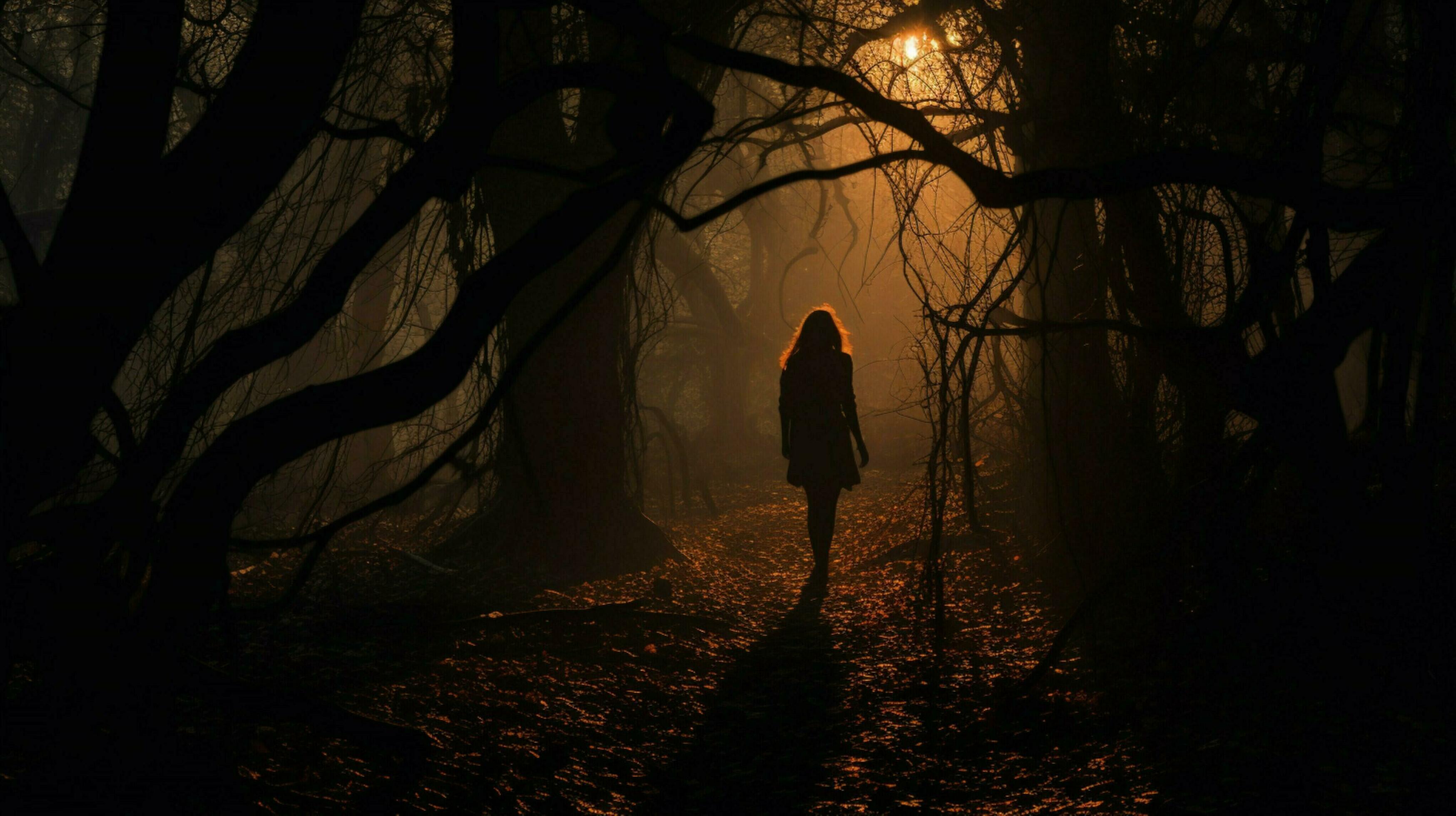 Silhouette of walking in spooky woods - Stock Photo