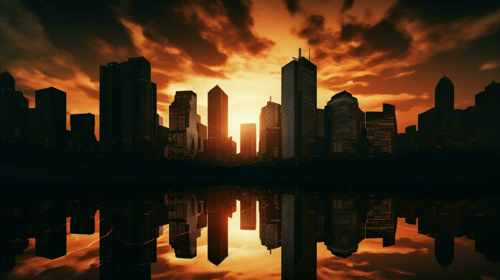 silueta rascacielos en contra dramático puesta de sol cielo foto