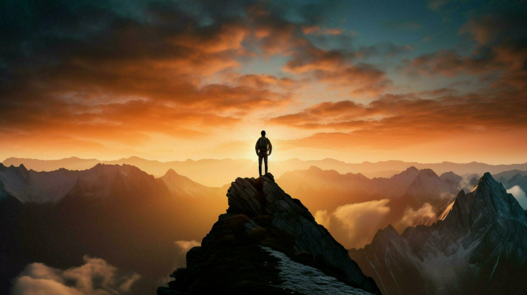 silhouette standing on mountain peak at sunrise photo