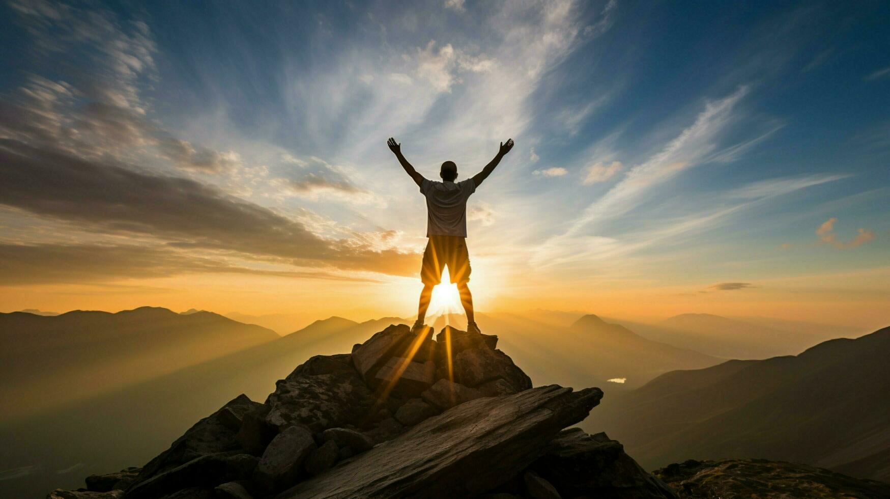 silhouette standing victorious on top of peak photo