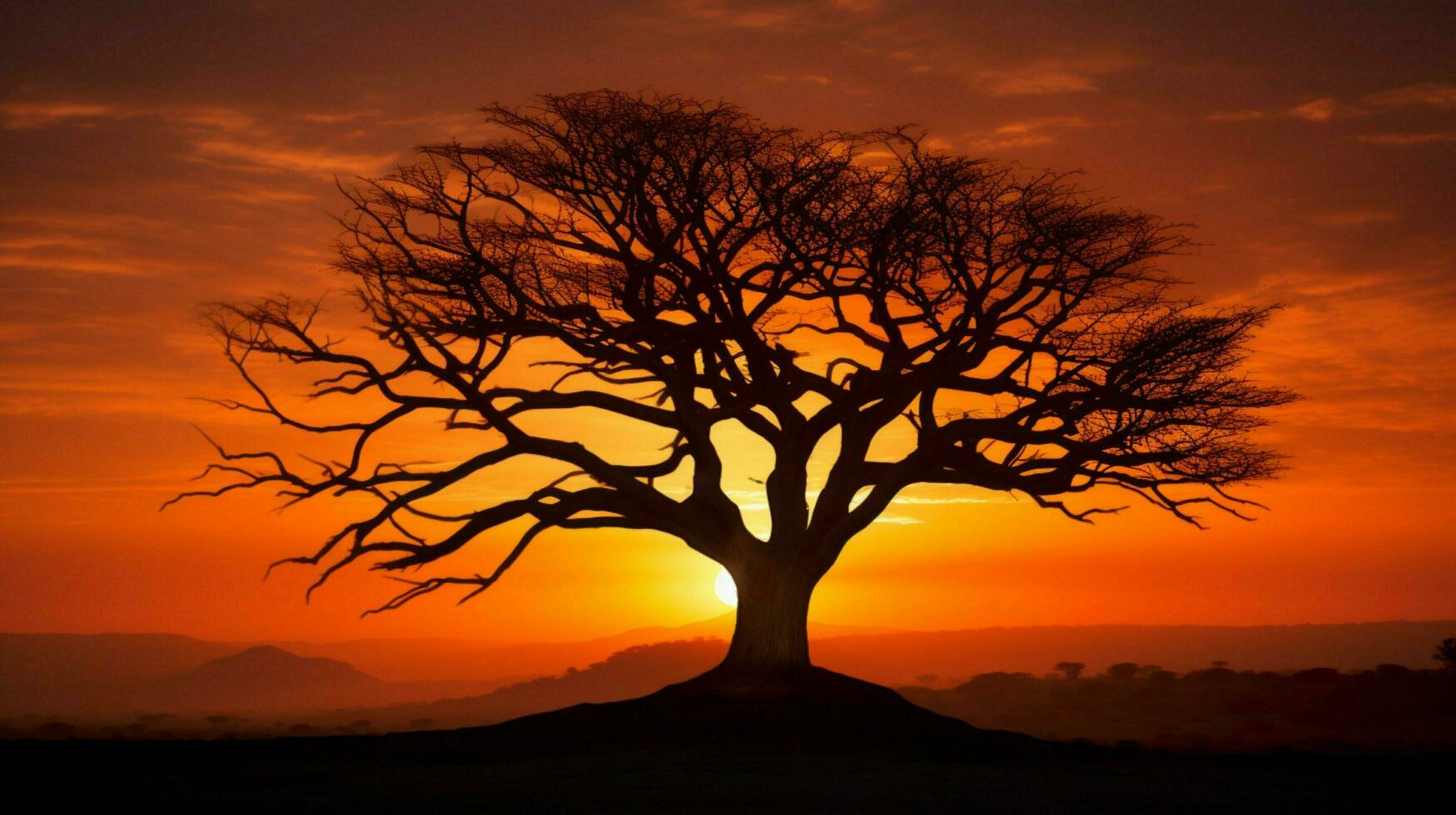 silhouette tree back lit by orange sunset photo