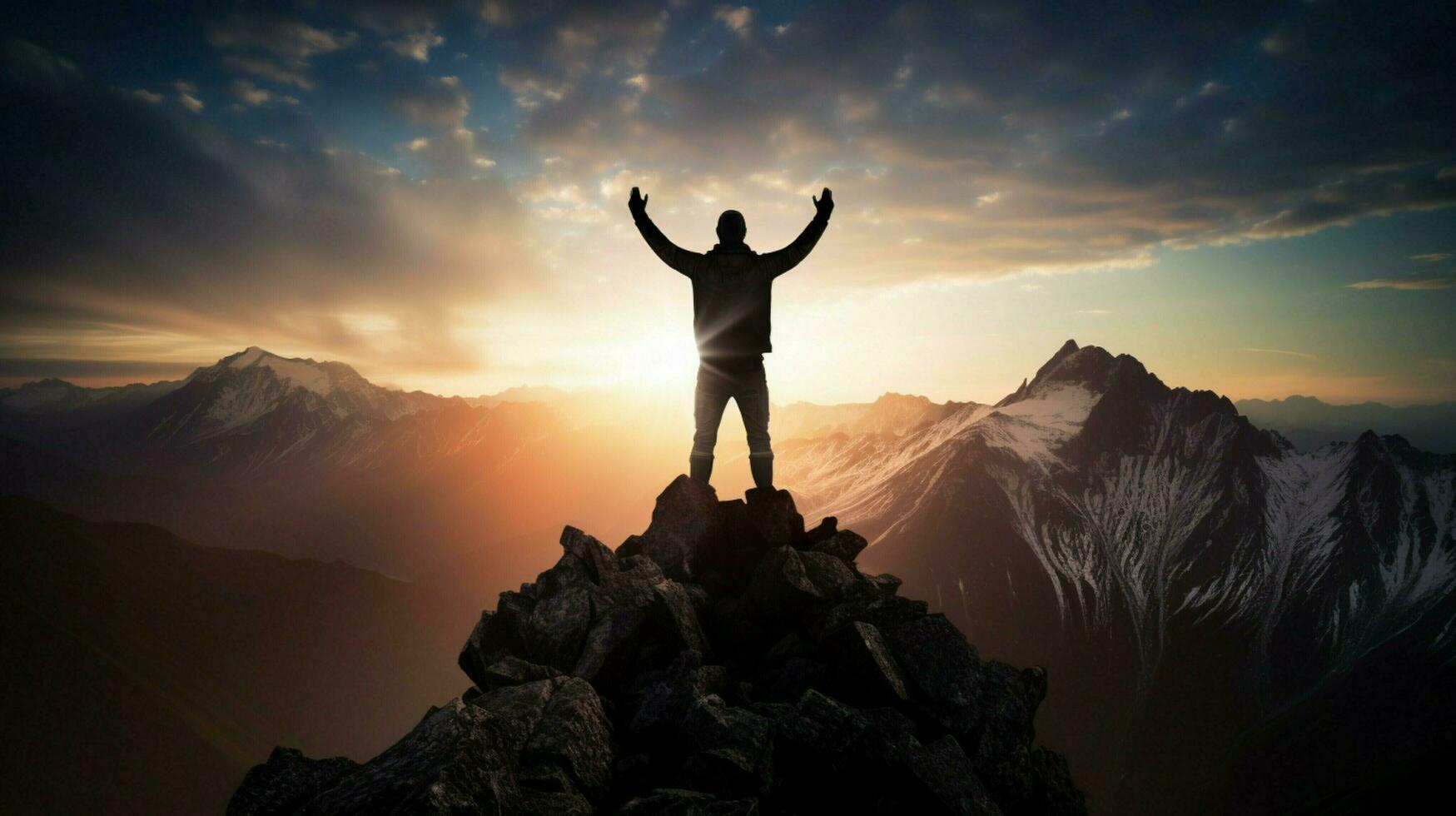silhouette standing victorious on top of peak photo