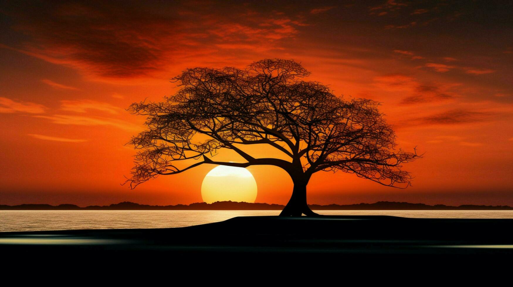 silhouette tree back lit by orange sunset photo