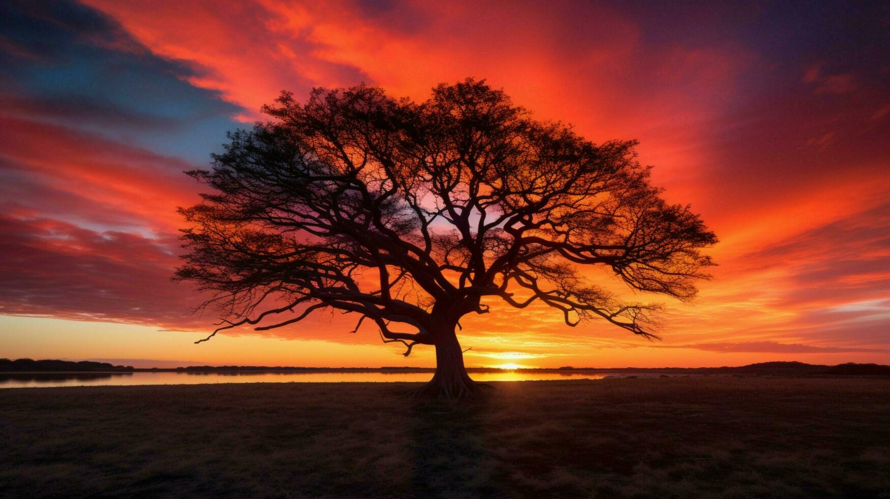 silhouette tree backlit by vibrant sunset sky photo