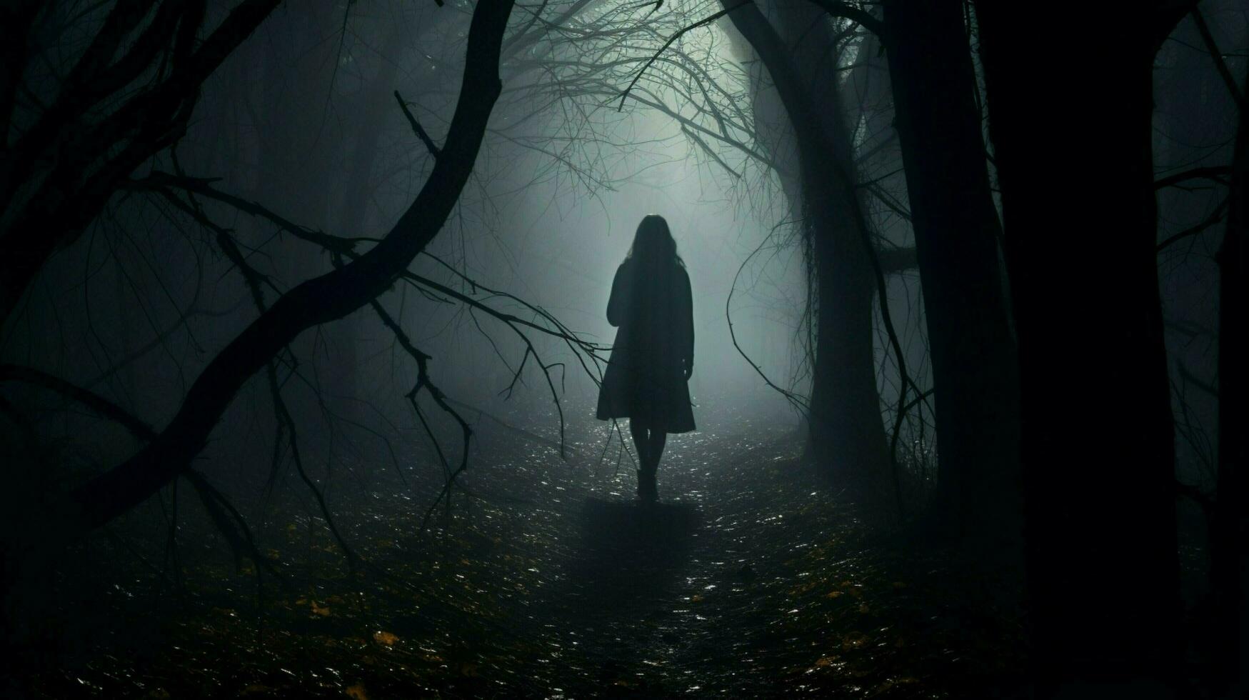 silhouette walking through spooky forest in fog photo