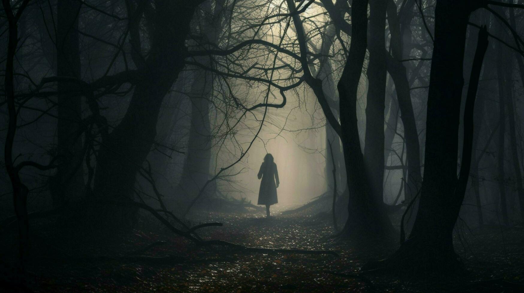 silhouette walking through spooky forest in fog photo