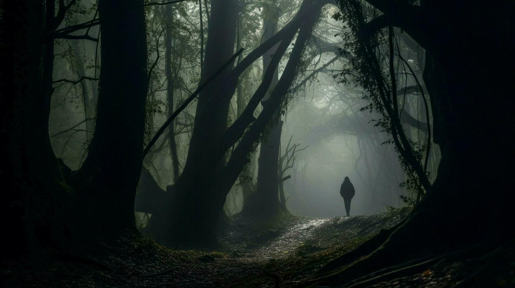 silueta caminando mediante escalofriante bosque en niebla foto