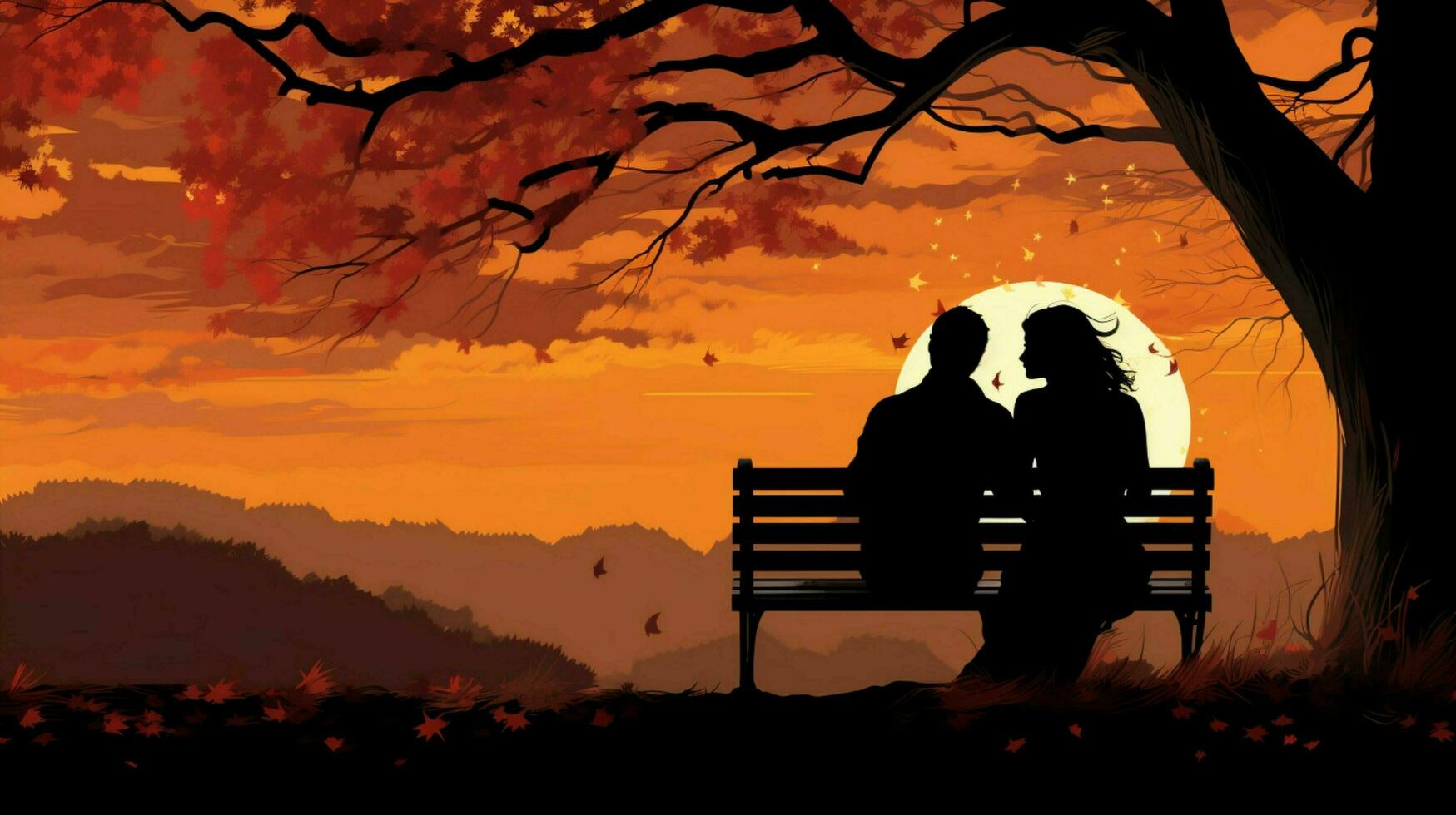 silhouetted couple sit on bench under autumn tree photo