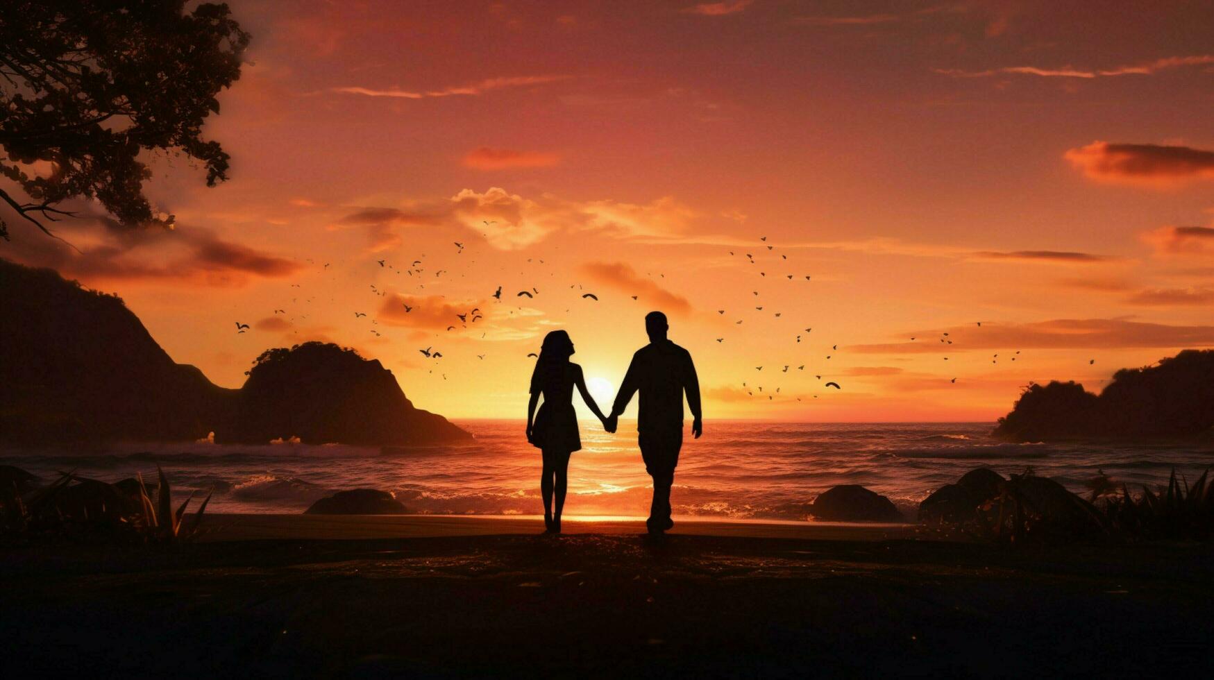 silhouettes holding hands enjoying sunset together happily photo