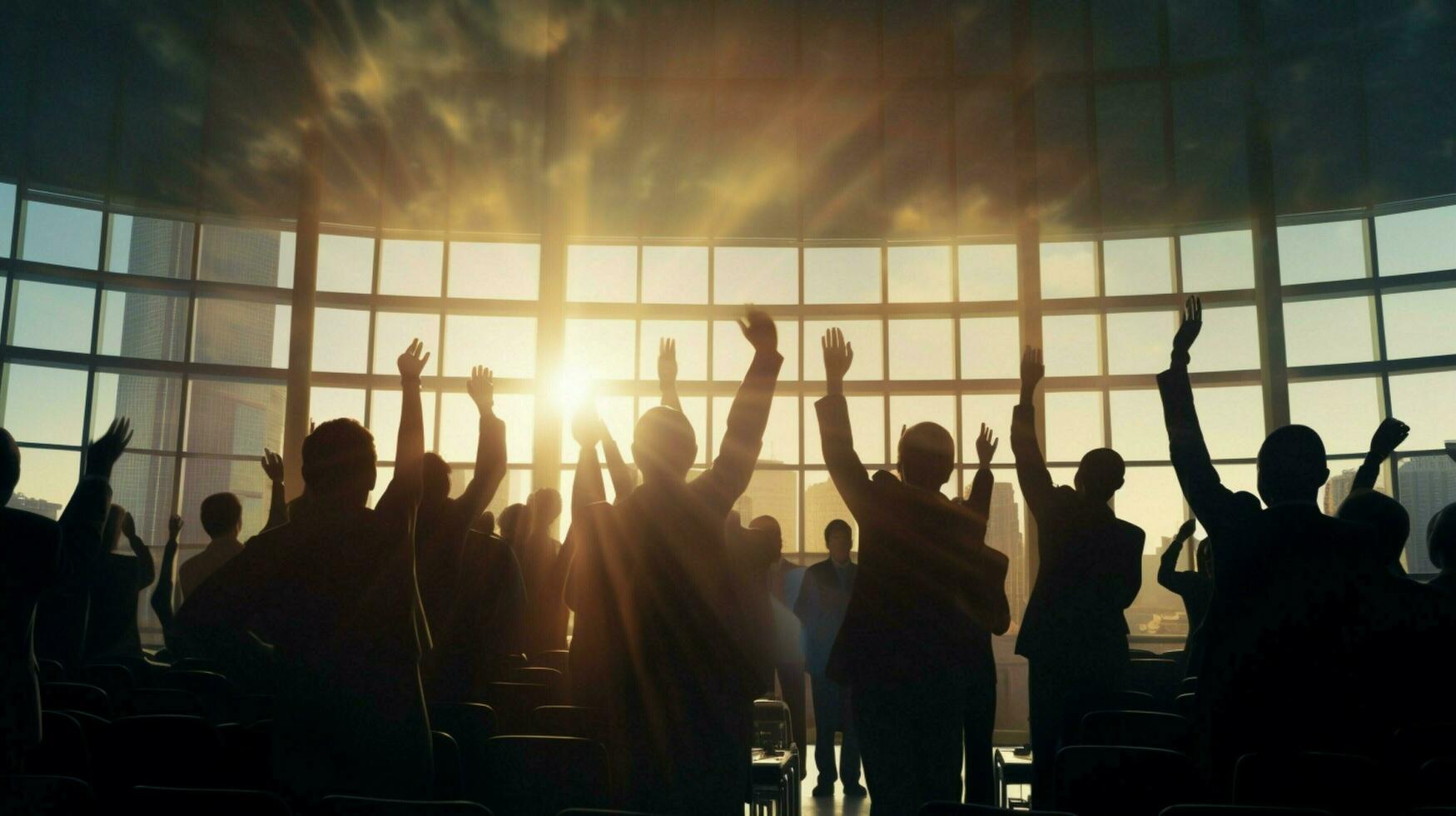 silhouettes of businessmen applauding in backlit auditorium photo