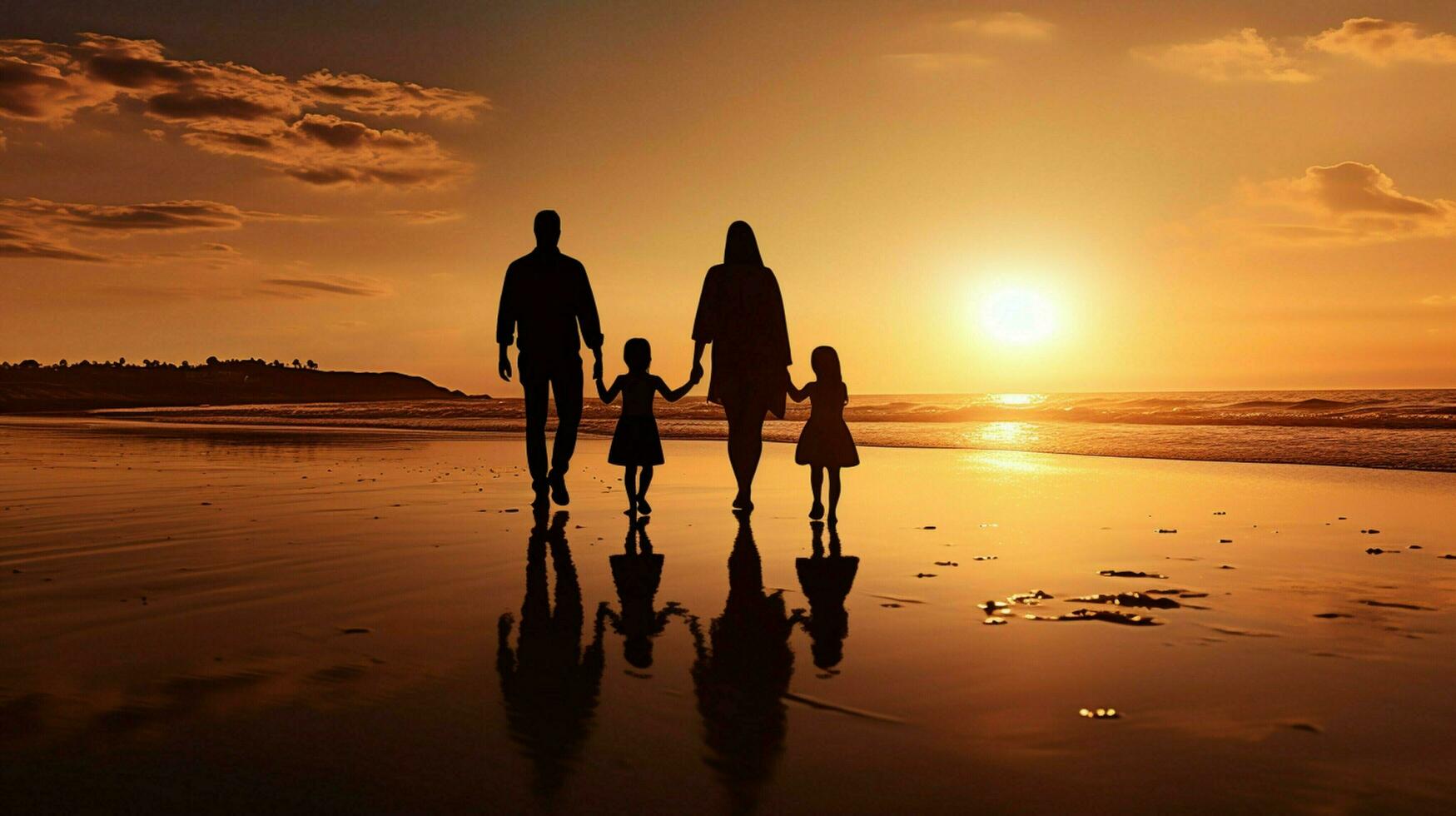 silhouettes of family walking on beach at sunset photo