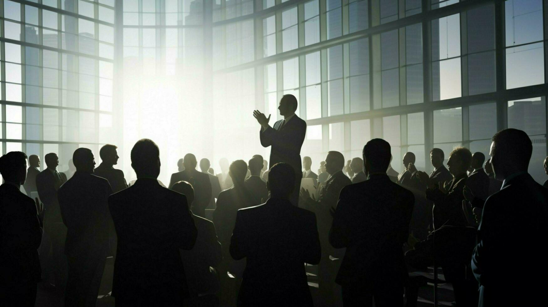 silhouettes of businessmen applauding in backlit auditorium photo