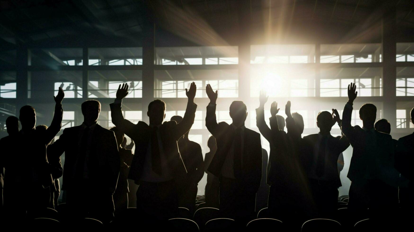 silhouettes of businessmen applauding in backlit auditorium photo