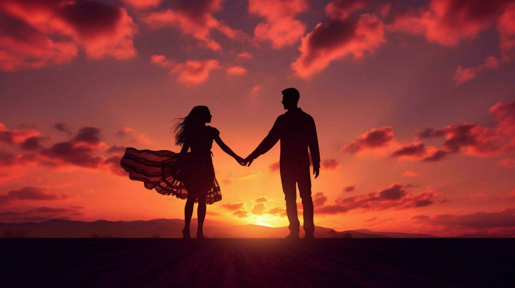 silhouettes holding hands enjoying sunset together happily photo