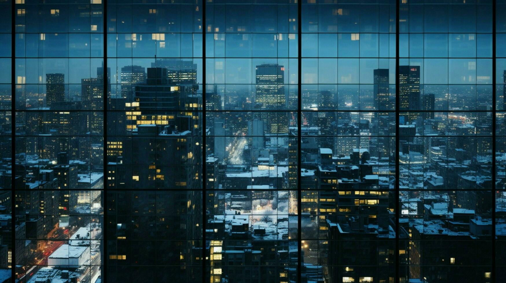 skyscraper windows reflect snowy cityscape at dusk photo