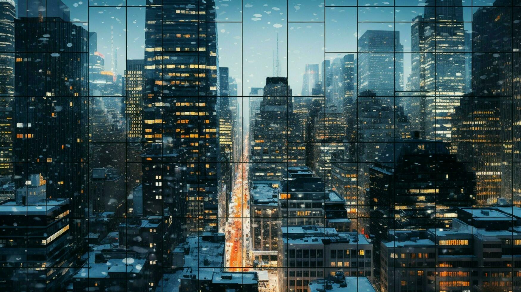skyscraper windows reflect snowy cityscape at dusk photo