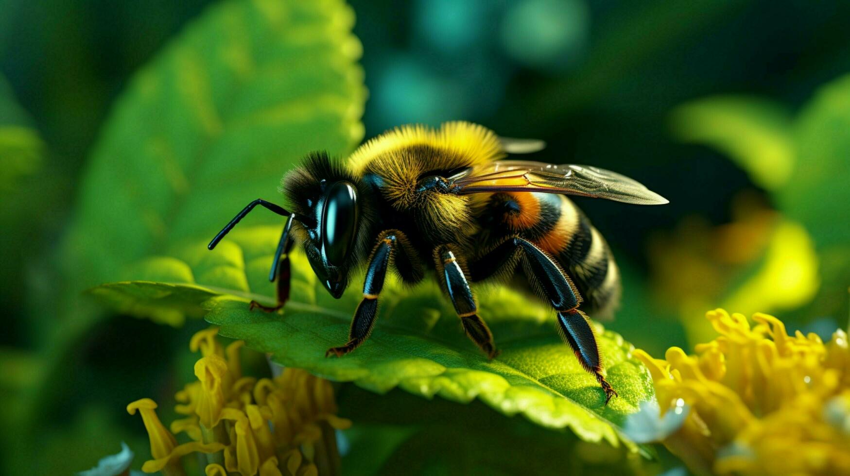 small yellow bee on green leaf pollinating photo