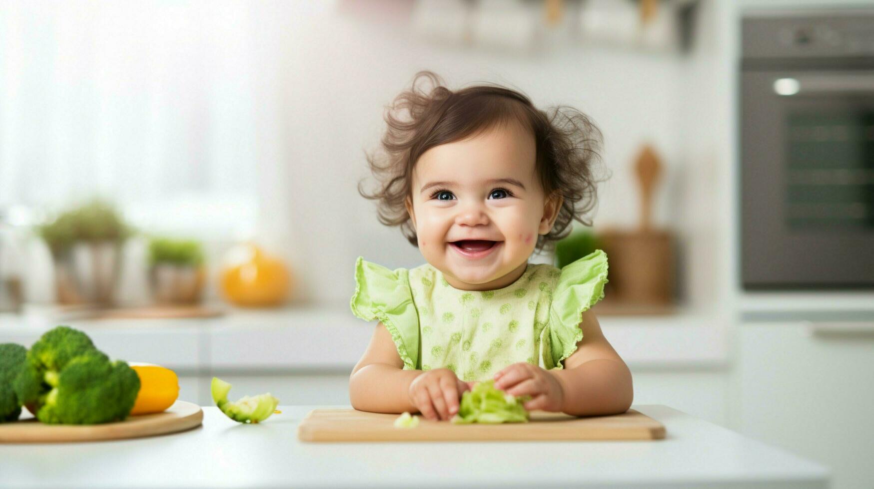 smiling baby girl eating healthy food indoors photo