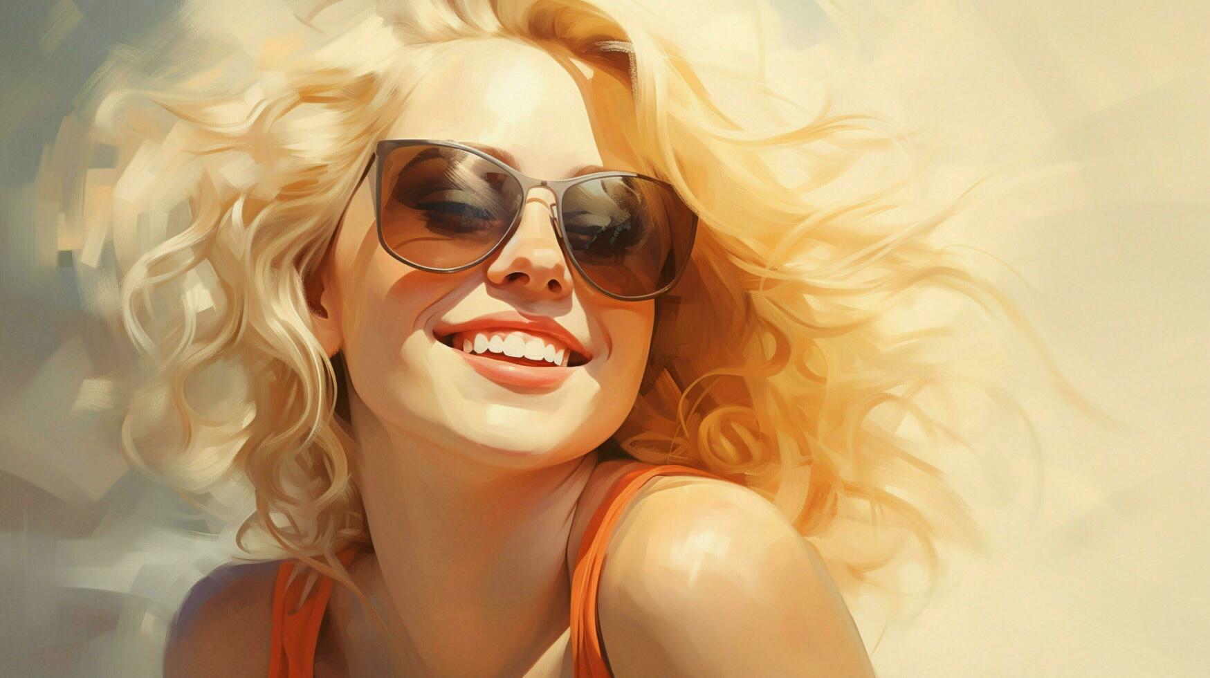 smiling blond woman in sunglasses exudes confidence photo