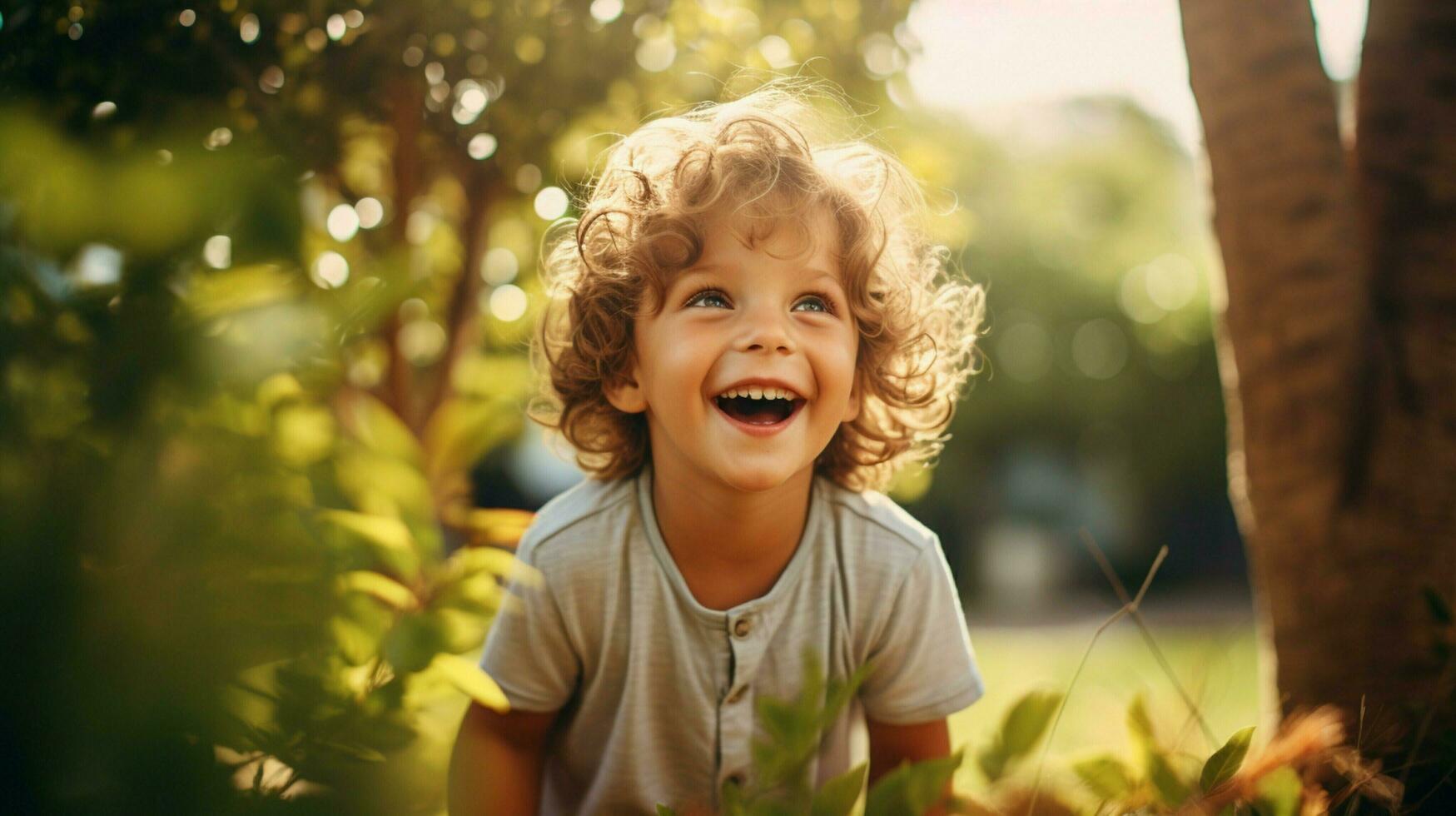 sonriente niño jugando al aire libre alegre y linda mirando foto