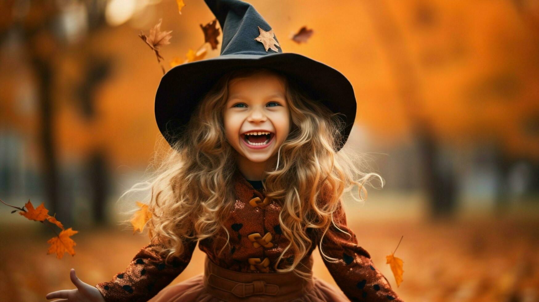 smiling girl in cute witch costume enjoys autumn outdoors photo