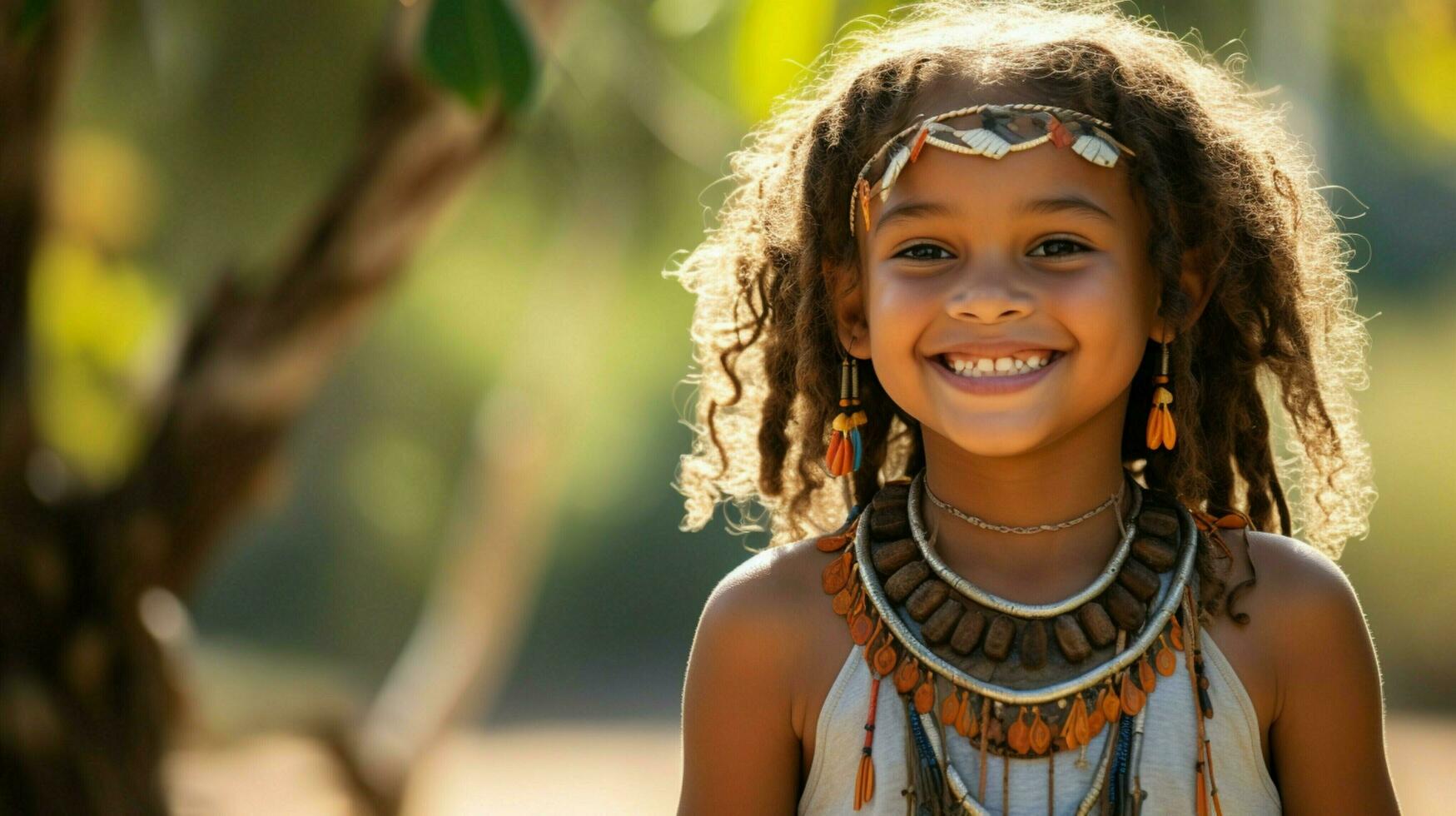 sonriente indígena niño vistiendo tradicional collar fuera foto