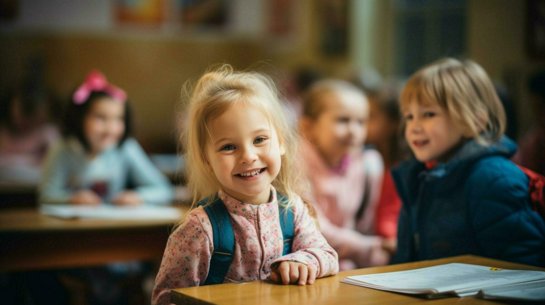 sonriente colegio niños estudiando en un salón de clases foto