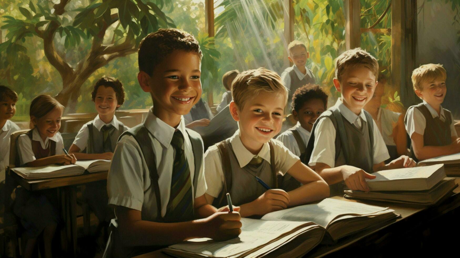 sonriente colegio niños estudiando en un salón de clases foto