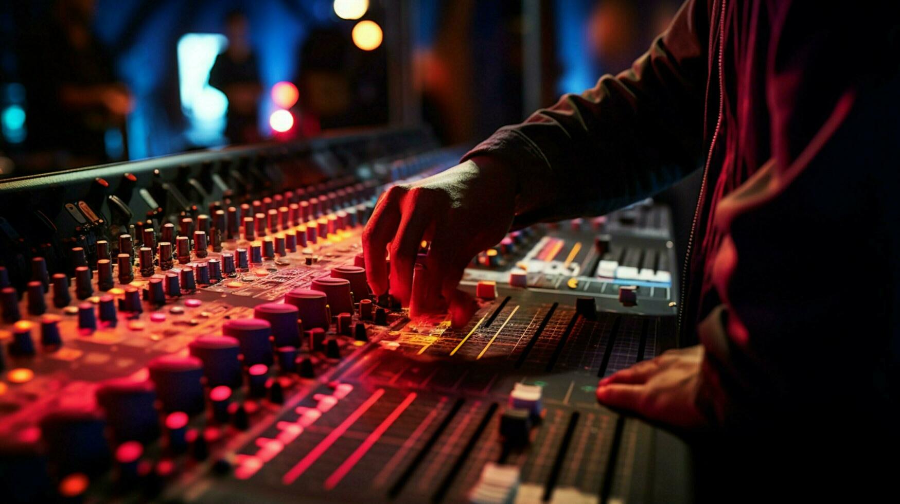 sound engineer adjusting mixer knobs in nightclub photo