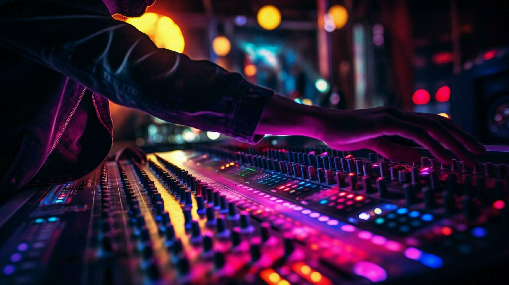 sound engineer adjusting mixer knobs in nightclub photo