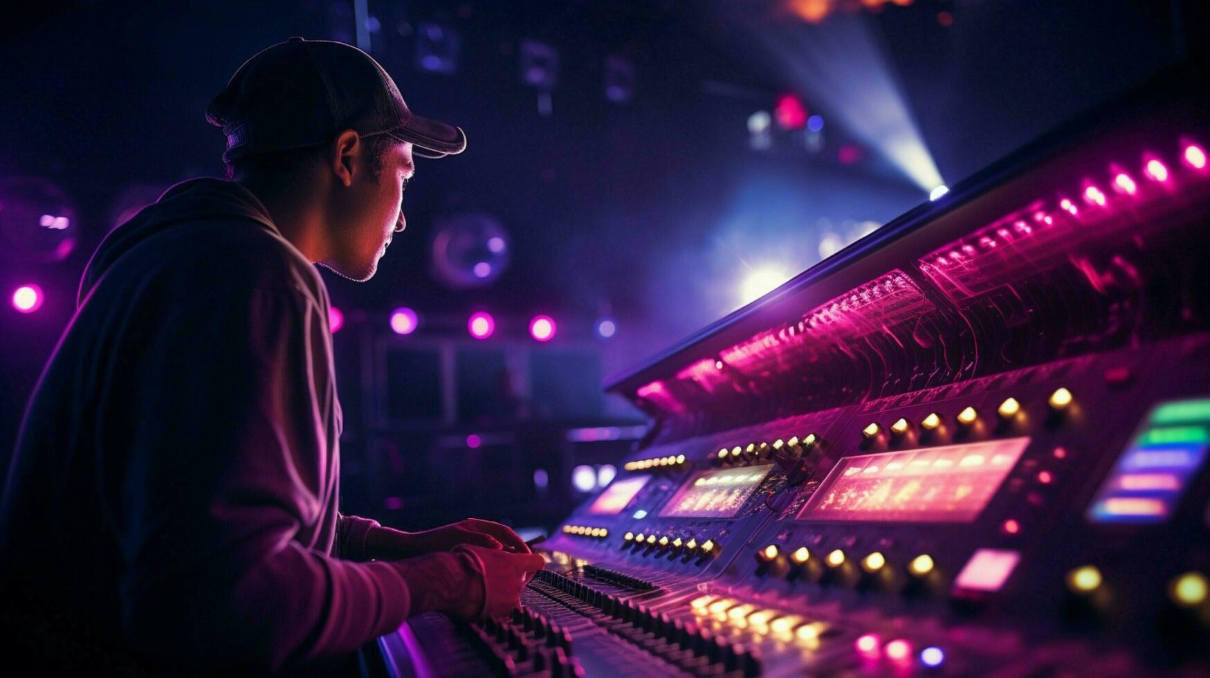 sound engineer adjusting mixer knobs in nightclub photo