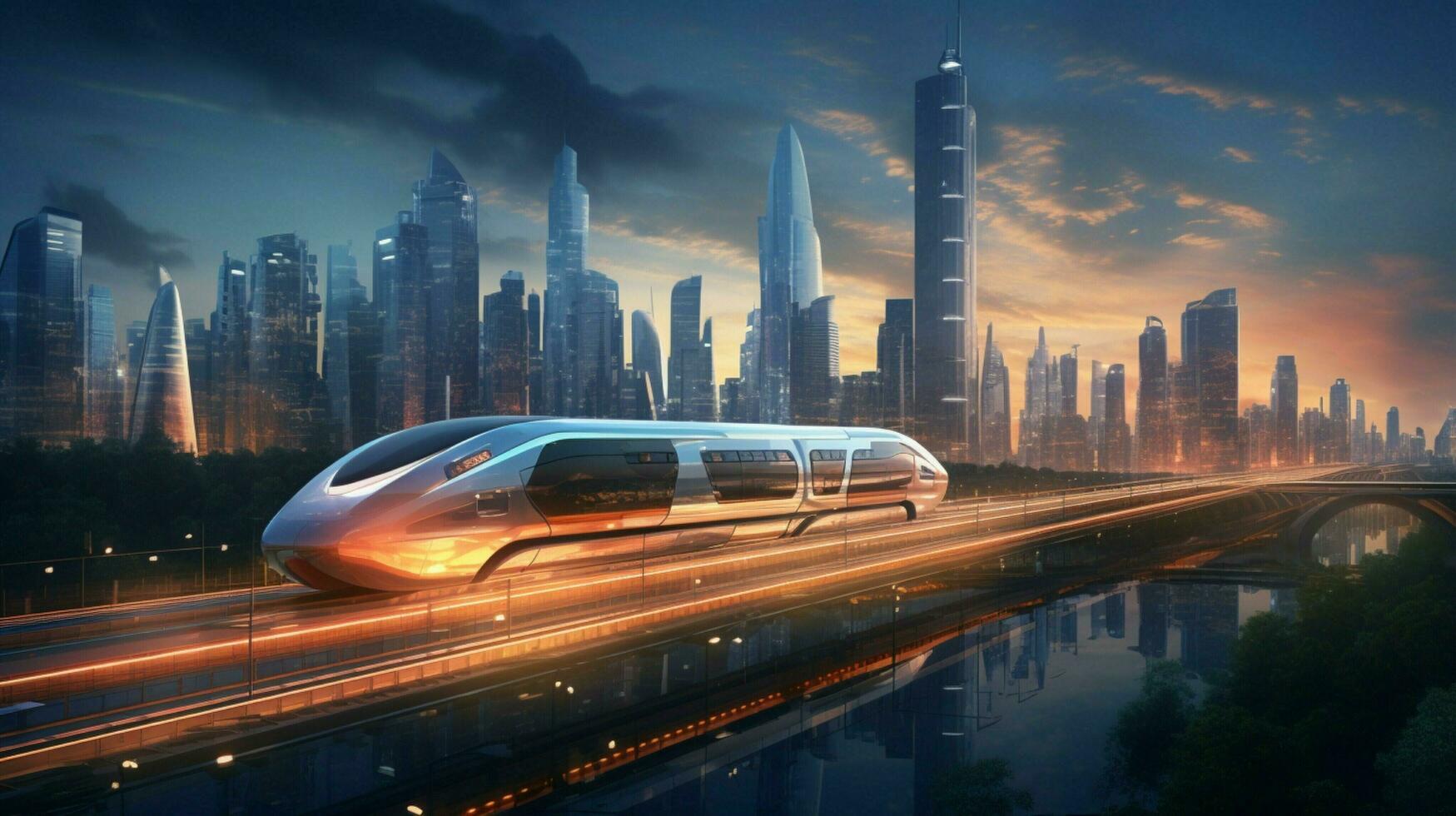 speeding train illuminates futuristic city skyline photo