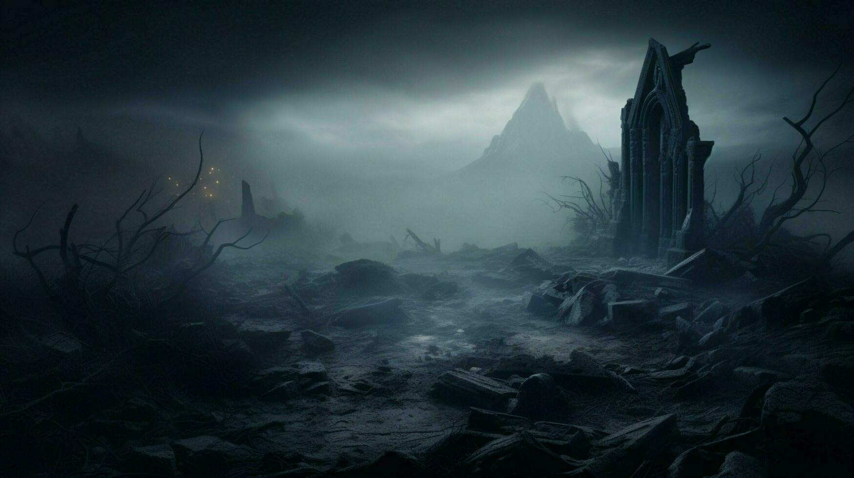 spooky ancient ruin a dark tombstone in the misty landscape photo