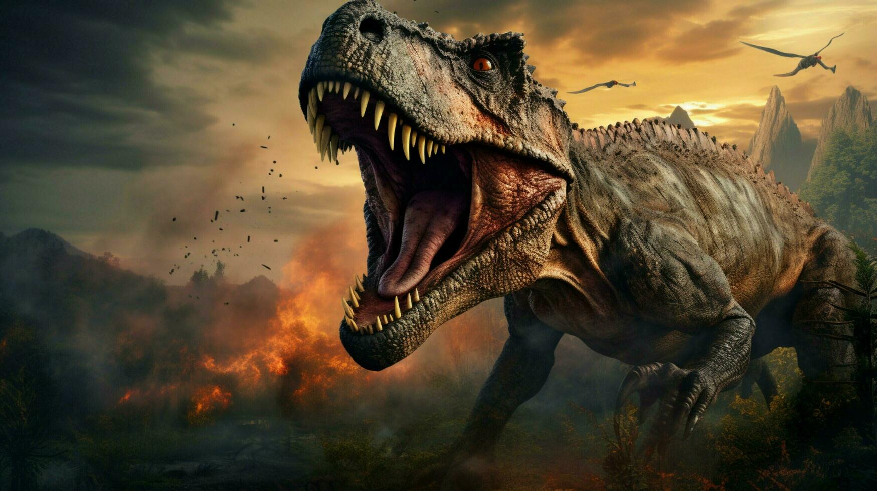 spooky dinosaur roaring in prehistoric era photo