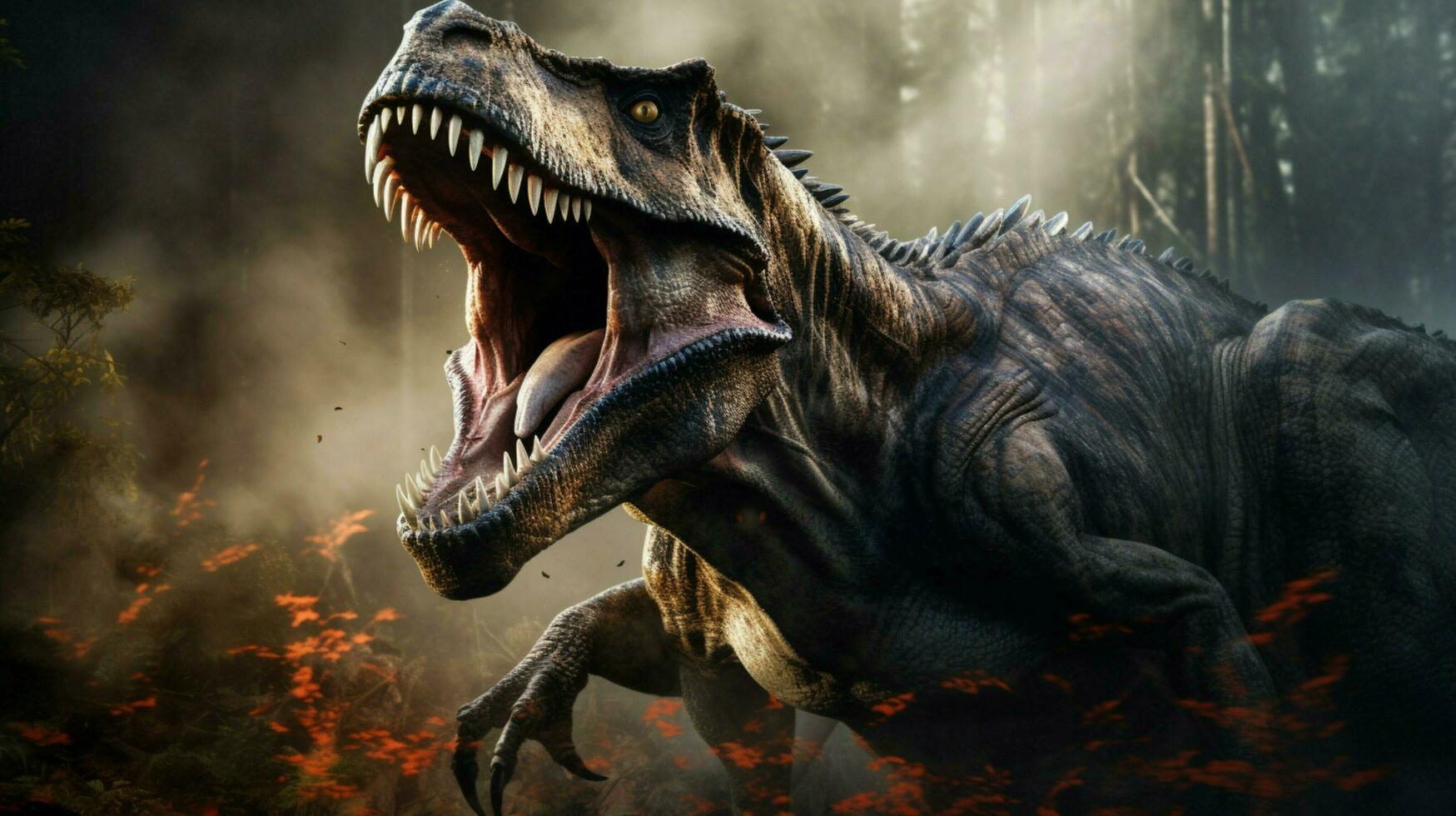 spooky dinosaur roaring in prehistoric era photo