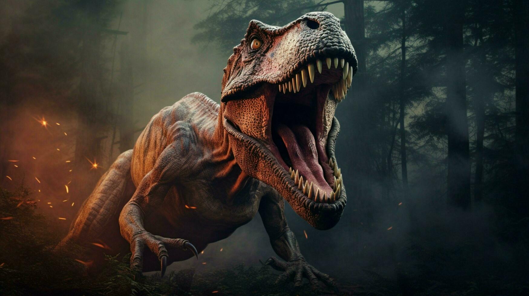 spooky dinosaur roaring in prehistoric era photo