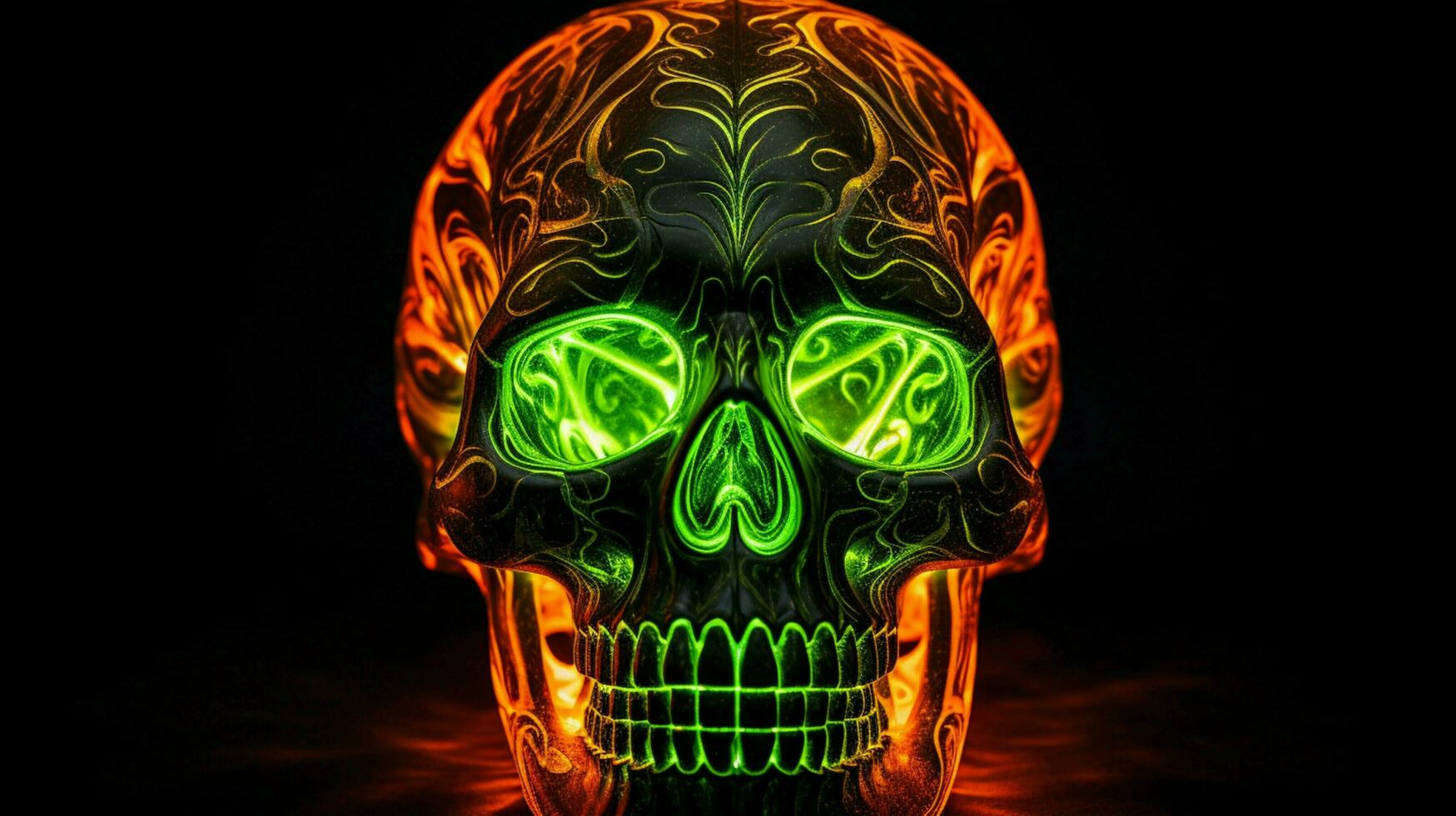 spooky halloween decoration glowing skull symbol on black photo