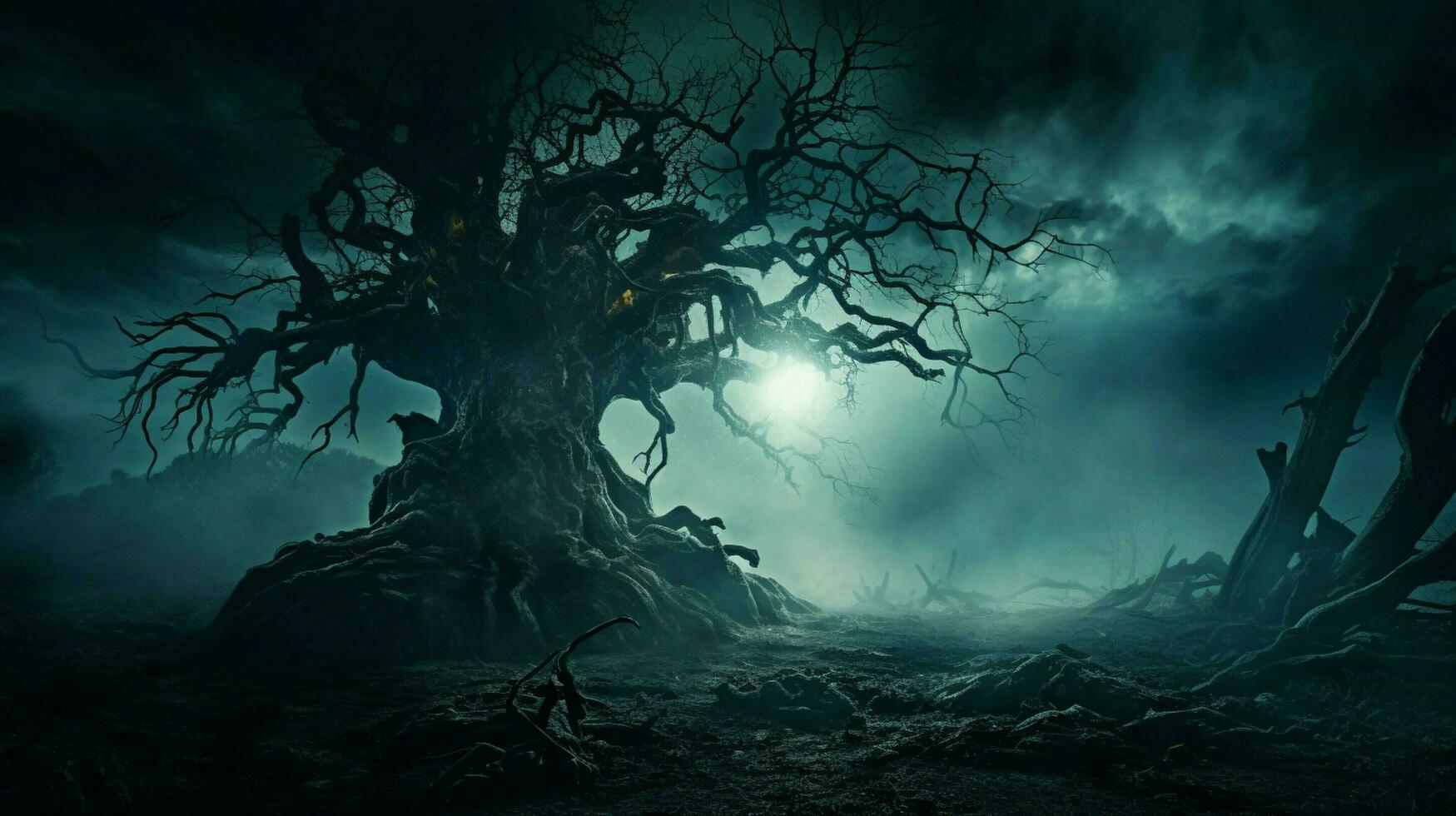 escalofriante noche oscuro horror brumoso antiguo árbol mal temor fantasía foto