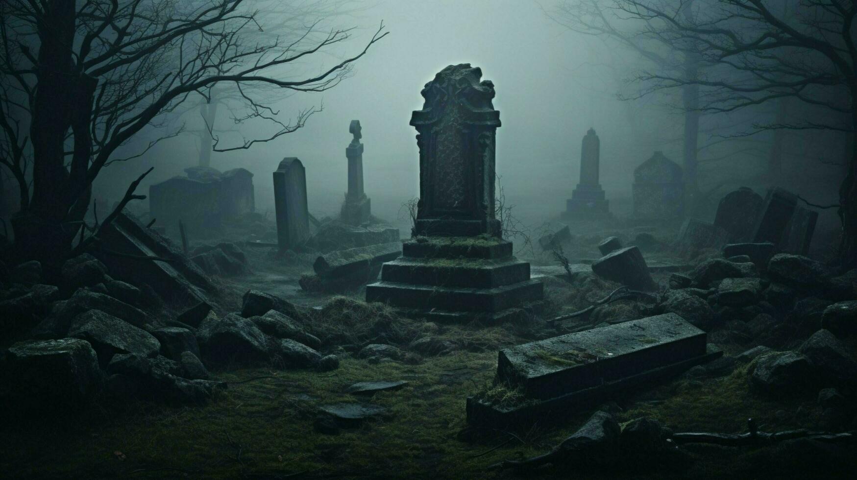 spooky old ruin mystery of ancient tombstone in foggy land photo