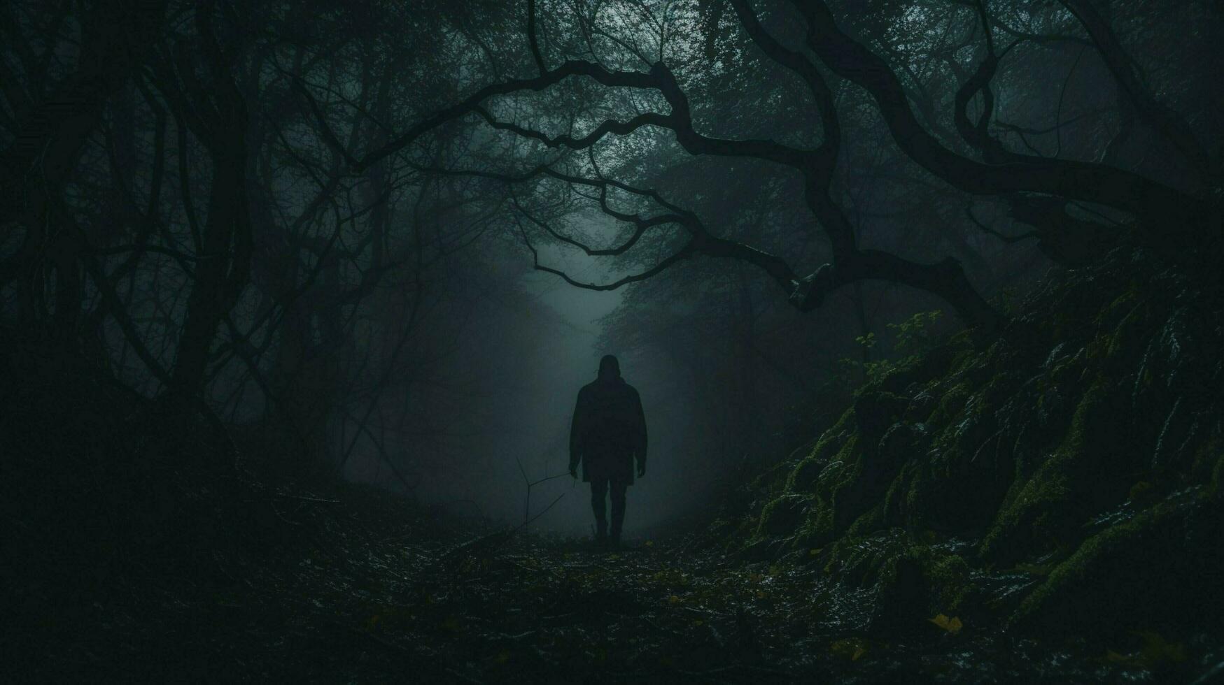 spooky one person walking in dark forest photo