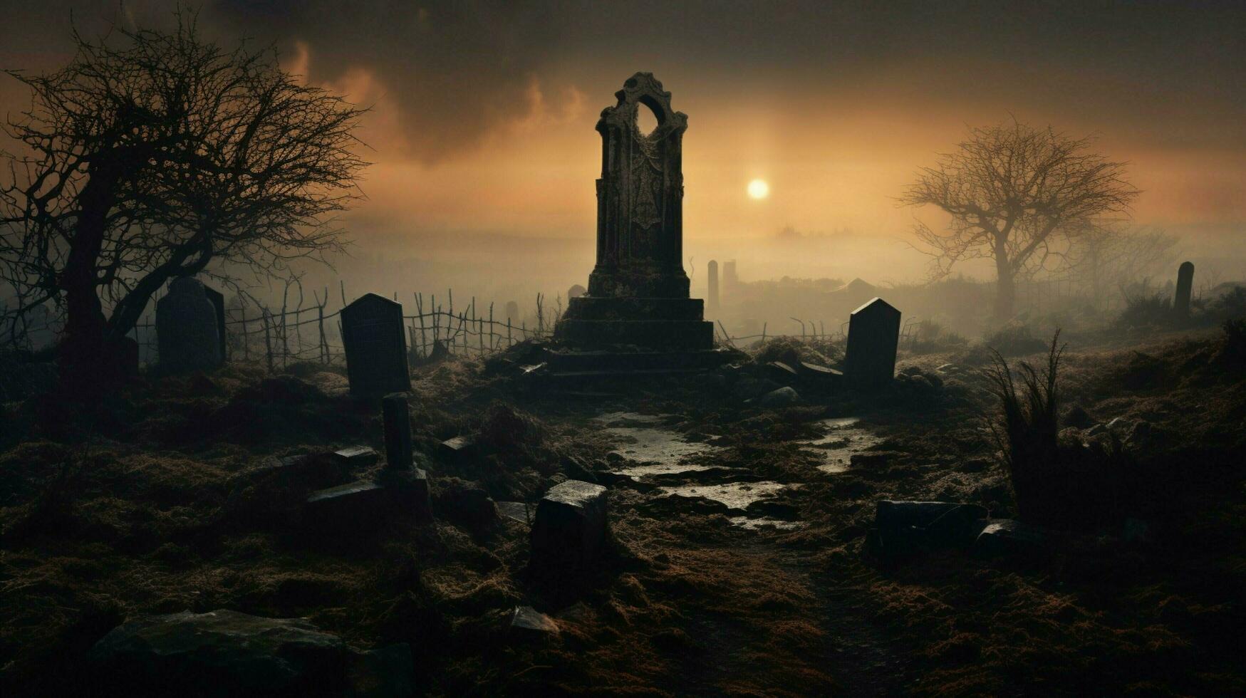 spooky old ruin mystery of ancient tombstone in foggy land photo