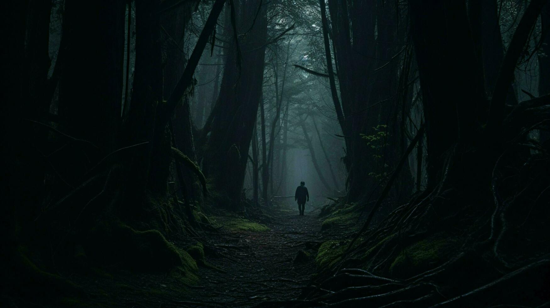 spooky one person walking in dark forest photo